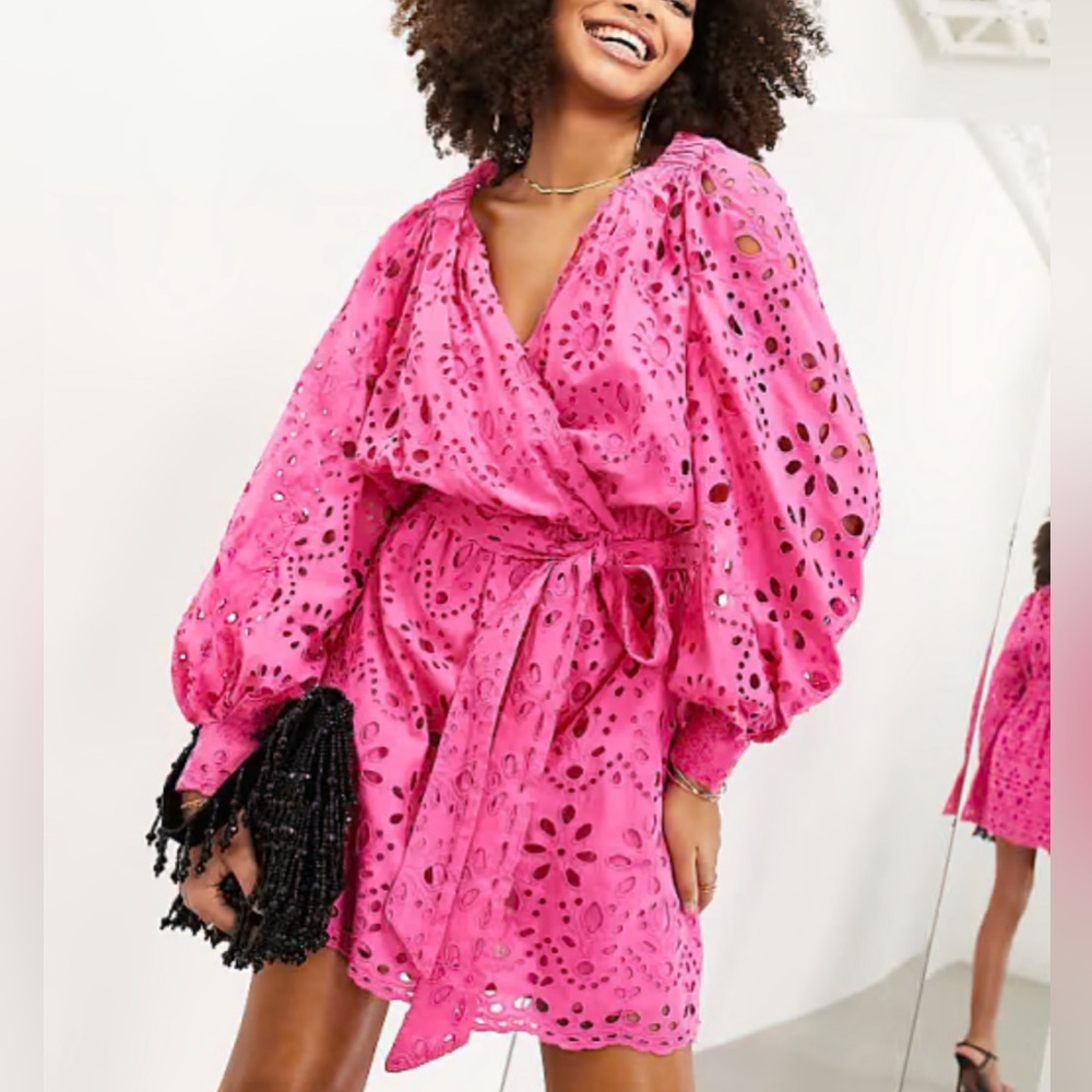 Elegant Pink Eyelet Wrap Dress